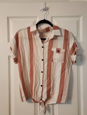 Pink Striped Tie-Hem Short Sleeve Shirt.